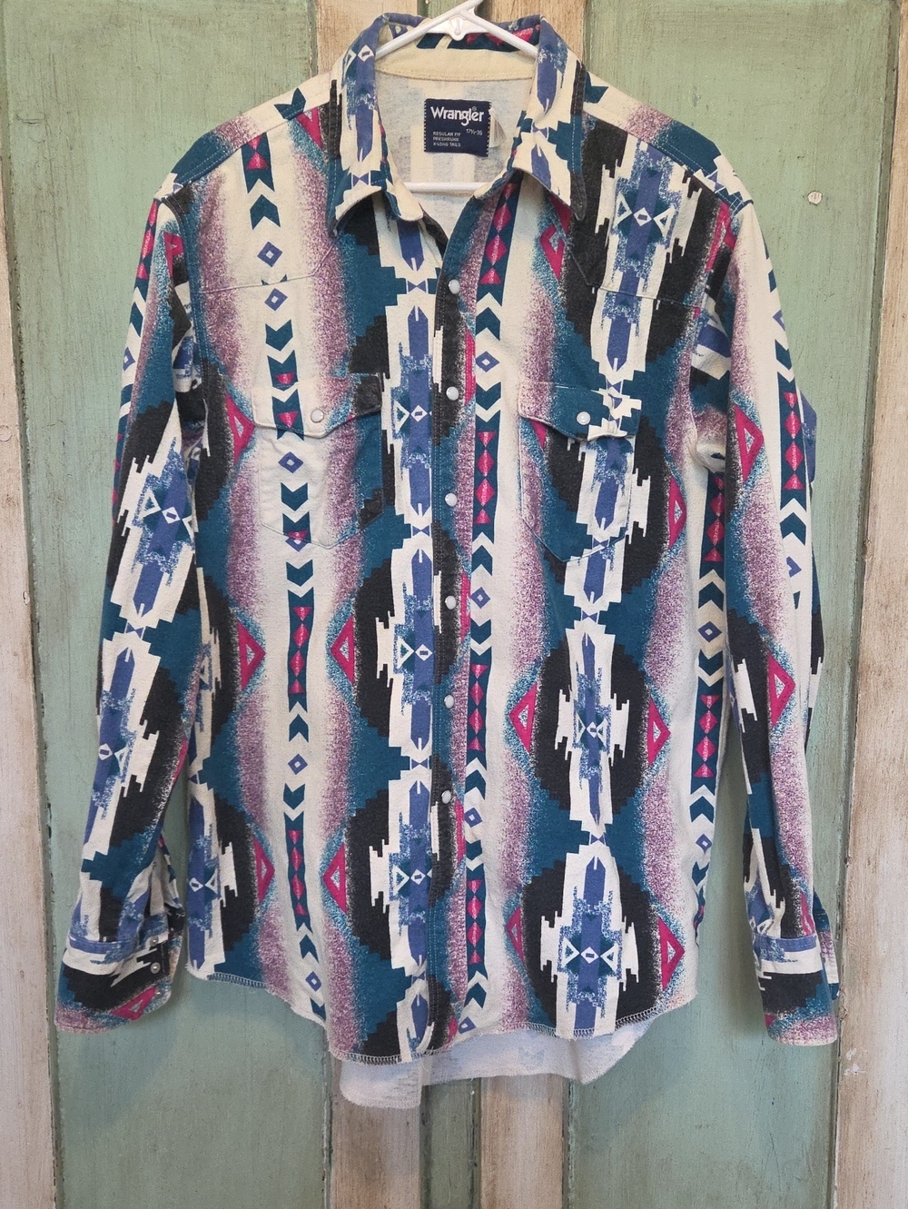Wrangler Teal, Pink, Black & White Aztec Button-Down Shirt, Pearl Snaps Vintage